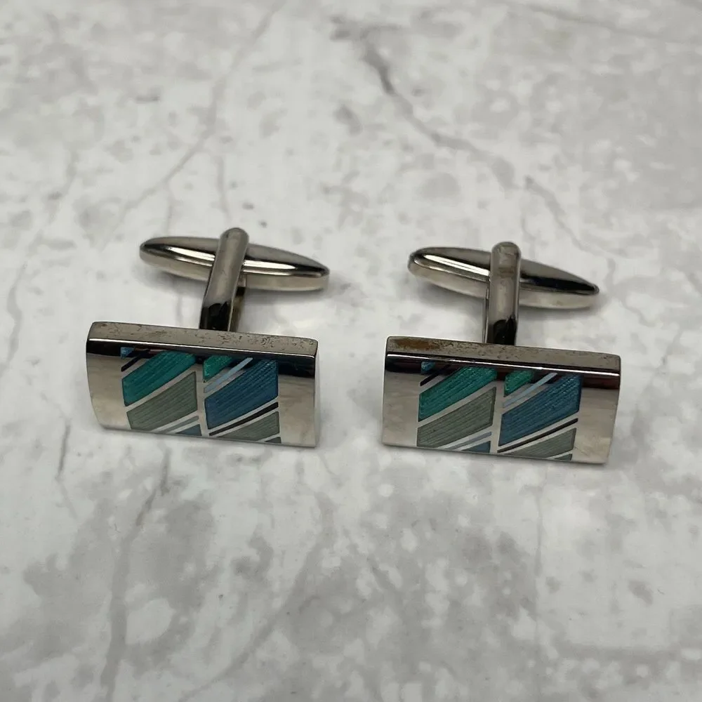 Cuff Links Silvertone Rectangular Inlaid Blue Green Stripes